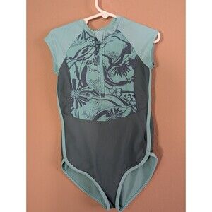 Athleta Girl Short Sleeve One Piece Rashguard Swimsuit Aqua Tropical, Small Sz 6